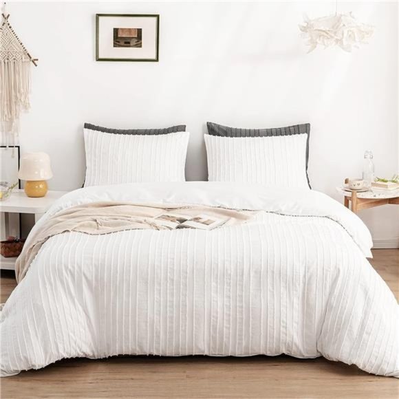 White Boho Duvet Cover Set Queen Size, Striped Textured Tufted Bedding Set,3 Pcs - Picture 1 of 6